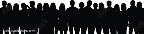 Large crowd of diverse people silhouettes standing together isolated on white background, community, unity, teamwork and social group concept