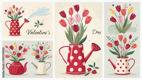 Collection of valentine's day and women's day cards with floral watering cans and teapots