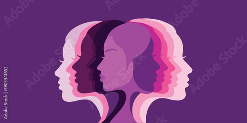 Vibrant pink and purple silhouettes of multiple womens faces in profile