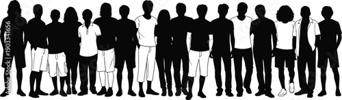 Large group of diverse young people silhouettes standing together isolated on white background, community, unity and youth diversity concept
