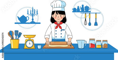 Female chef character baking and rolling dough in a blue themed kitchen with cooking tools and ingredients