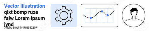 Gear icon for settings, analytics chart showcasing data trends, and user profile outline. Ideal for technology, data analysis, business, user management, strategy, development simple landing page