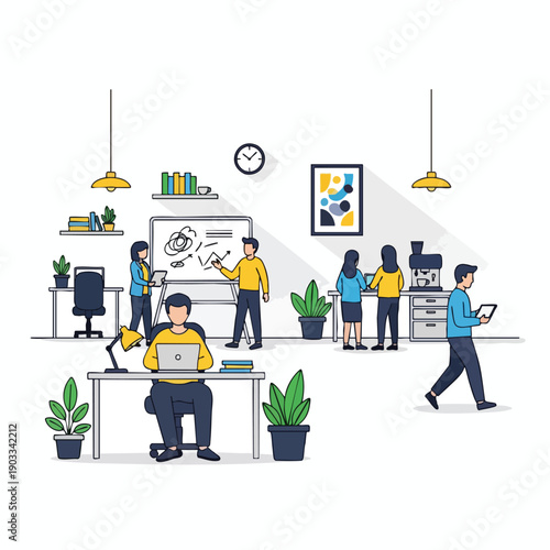 Modern Office Workspace with Colleagues Collaborating