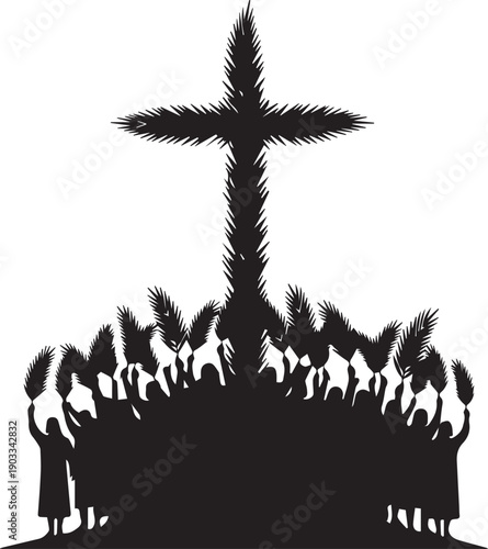 Palm sunday vector silhouette illustration crowds waving branches around cross symbol art