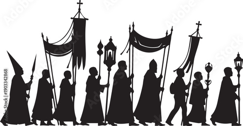 Religious procession silhouette vector illustration marchers carrying banners and symbols