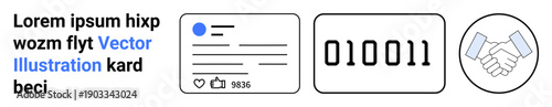 Digital identity, information exchange, online transactions, binary system, data security, agreement. Set of icons including profile card, binary code and handshake symbol. Digital identity