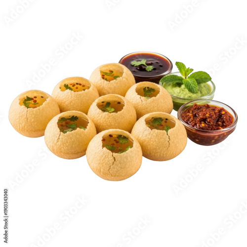 Delicious panipuri served with chutney and tamarind sauce
