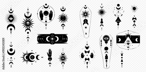 Set of mystical celestial elements with sun, moon, stars, and eyes for spiritual designs.
