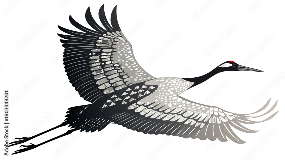 Fototapeta premium Majestic red-crowned crane in mid-flight with wings spread wide