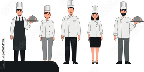 Set of professional chef characters in various white uniforms and hats for restaurant and catering