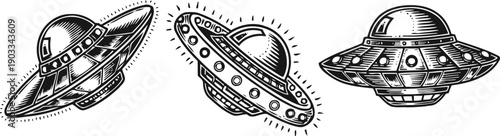 vintage ufo illustrations classic flying saucers with dome tops and circular designs, retro alien spacecraft