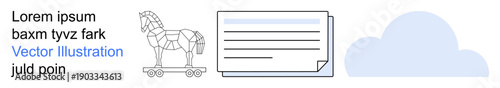 Cybersecurity, data protection, online threats, secure cloud storage, digital encryption, technology awareness. Trojan horse, file , and cloud icon cybersecurity and data safety concepts