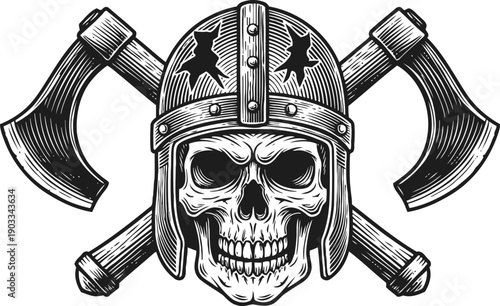 Viking skull with crossed battle axes and horned helmet fierce warrior symbol and medieval warrior emblem