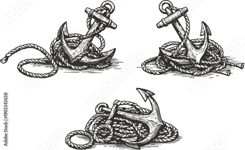 Hand drawn nautical anchors with coiled ropes vintage marine illustration set in black and white