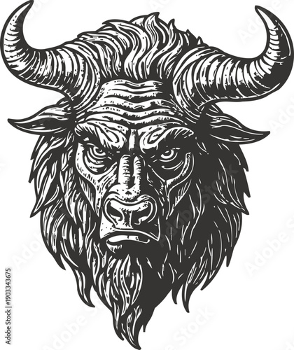 Detailed fierce bison head illustration with large curved horns in black and white engraving