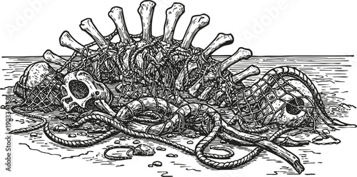 Skeleton entangled in fishing nets on beach shore ocean debris, marine waste pollution concept