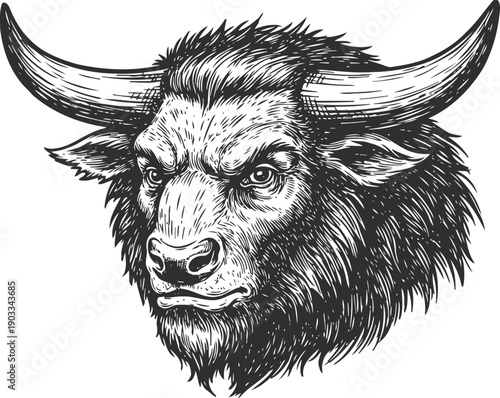 detailed black and white illustration of a furious bull head with large curved horns
