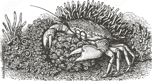 Detailed vintage illustration of a crab on coral reef underwater marine life scene