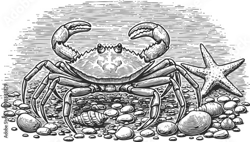 Detailed vintage crab illustration on pebbles and shells with starfish engraved ocean wildlife scene