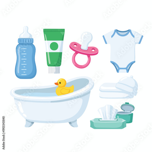Baby Care Essentials and Bath Time Illustration