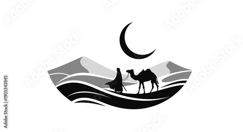 Man walking camel through desert under crescent moon