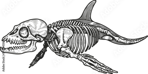 Detailed illustration of a prehistoric aquatic reptile skeleton with sharp teeth and flippers