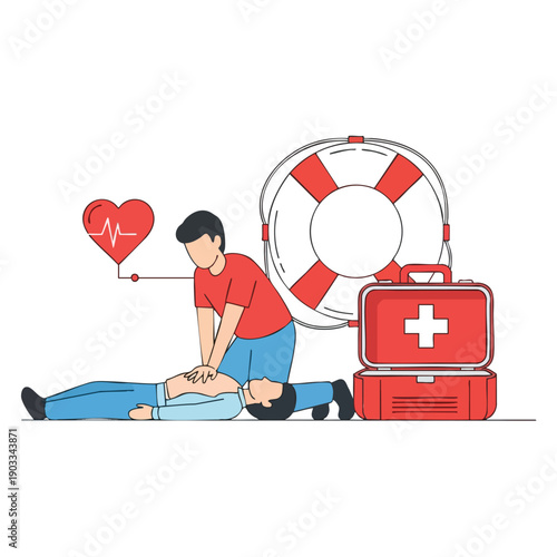 CPR Training Illustration with First Aid Kit