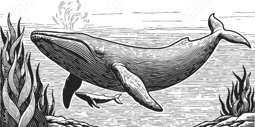 Vintage engraving of a large whale underwater surrounded by seaweed and textured ocean background