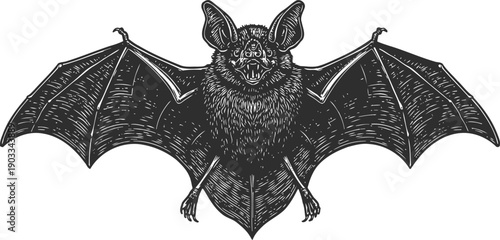detailed bat illustration with open wings showing fur texture and facial features
