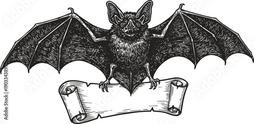 Black bat spreading wings above blank parchment scroll vintage halloween nocturnal animal illustration