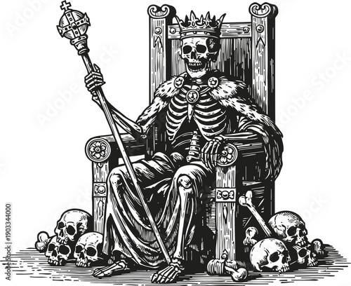 Skeleton king sitting on throne with crown and scepter surrounded by skulls and bones