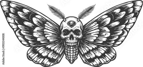 Detailed black and white gothic moth with skull body illustration dark fantasy insect design with intricate wings and creepy