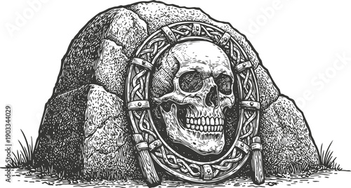 skull framed with celtic design leaning against stone mound gothic macabre illustration in black and white