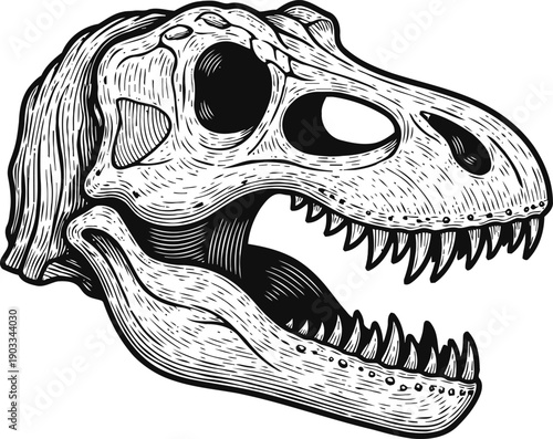 Illustration of fierce dinosaur skull with detailed sharp teeth and hollow eye sockets