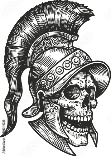 Skull wearing roman gladiator helmet with plume warrior ancient armor and skeleton head illustration
