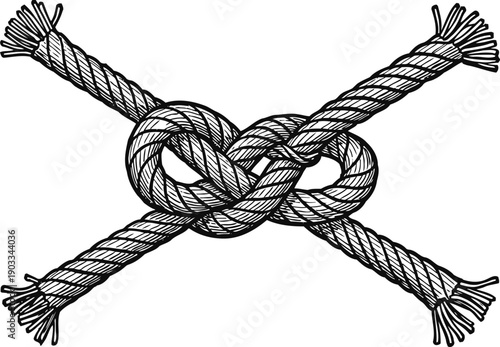 Rope knot tied tightly with crossed ends and frayed tips in black and white drawing