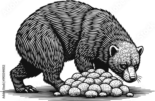 bear sniffing honeycomb pile in vintage engraving illustration of wild animal