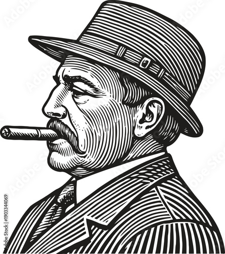 Vintage engraving of man smoking cigar wearing hat and suit in retro portrait