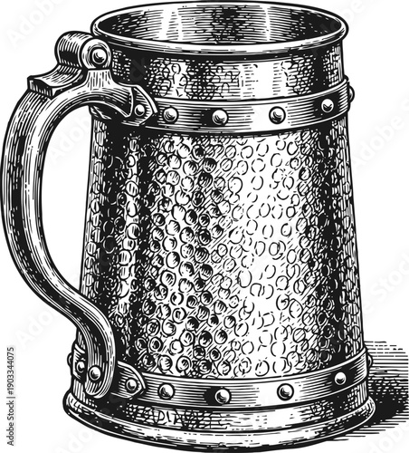 Vintage metal tankard with hammered texture and riveted bands, antique beer mug illustration