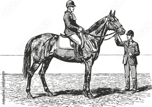 equestrian rider on horse with handler standing beside, vintage detailed illustration