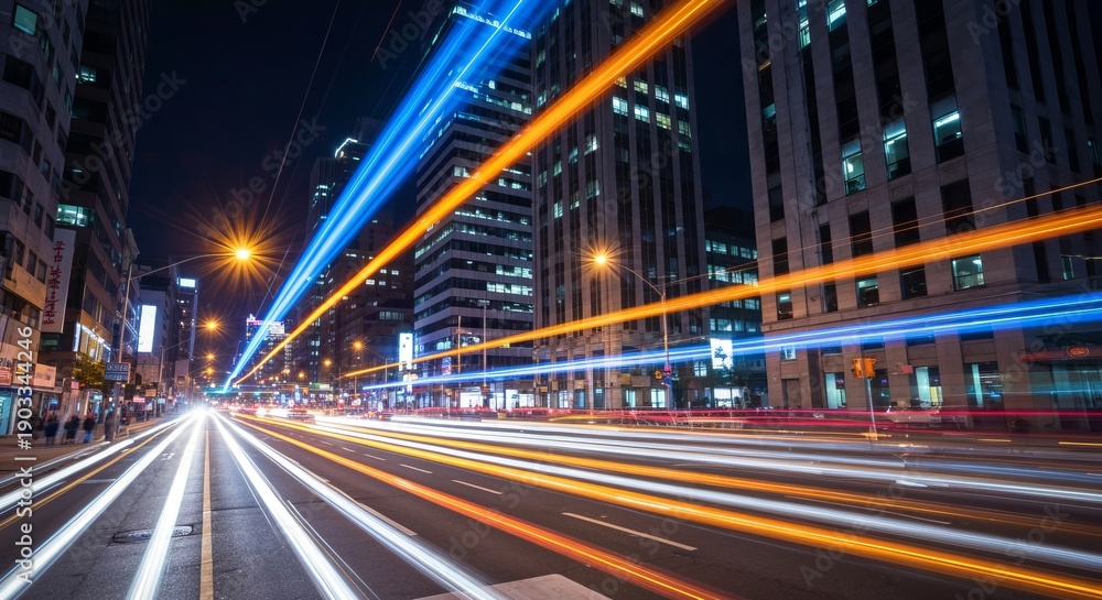 Obraz premium Electric City Nights Vibrant Long Exposure of Colorful Car Trails Illuminating Urban Streetscape