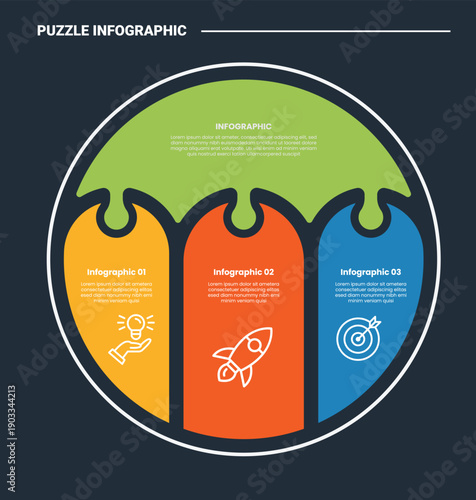 puzzle or jigsaw infographic process diagram with big circle and round rectangle lined up inside with dark background bright outline style 3 points