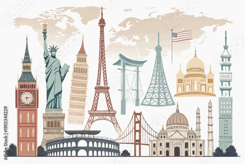Famous landmarks around the world in a vector illustration set