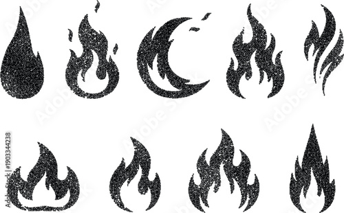 Eight distinct black fire and flame icons, textured and grainy on white. Features stylized abstract shapes: classic flames, droplet, crescent. Ideal for graphic design, logos, symbols of heat, energy,