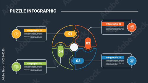 puzzle or jigsaw infographic process diagram with balance circle with round rectangle inside and box container pointer with dark background bright outline style 4 points