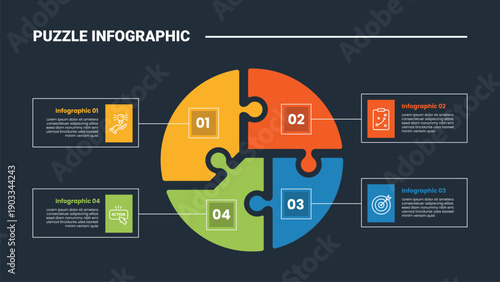 puzzle or jigsaw infographic process diagram with big circle unbalance smooth cut with square box container with dark background bright outline style 4 points
