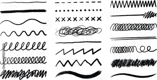 Black grunge brush stoke set. Hand drawn crayon underline, zigzag, dash line collection. Wet or dry pastel pencil doodle scribble bundle. Vector rough chalk charcoal sketch scrawls, waves and zig zag