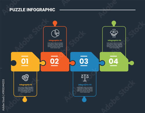 puzzle or jigsaw infographic process diagram with creative folder with long outline rectangle extrusion up and down with dark background bright outline style 4 points