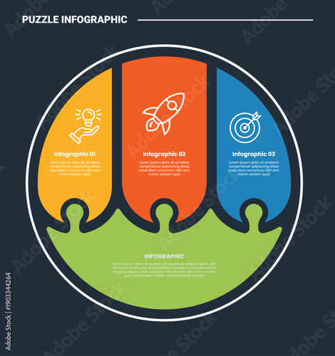 puzzle or jigsaw infographic process diagram with big circle and round rectangle lined up inside with dark background bright outline style 3 points