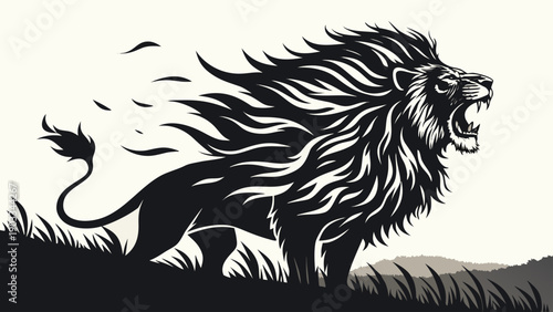 Powerful lion standing in grass with flowing mane and open mouth